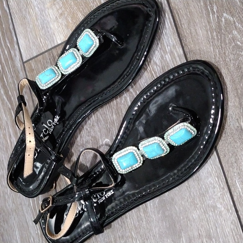 Fibi & Clo New York black and blue turquoise sandals. NWOT. Size 8